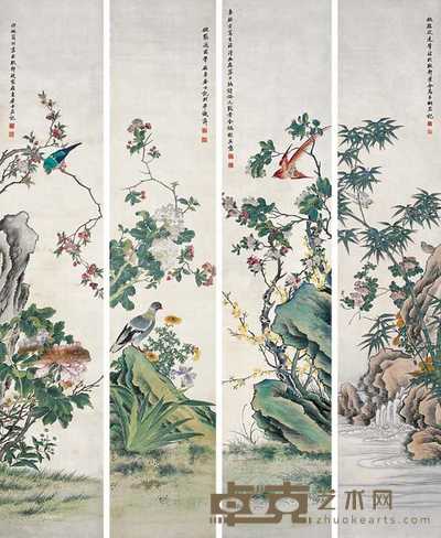 马家桐 花鸟 四屏 200×40cm×4